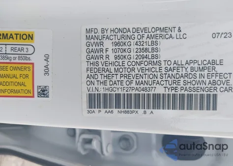 2023 Honda Accord Lx z USA, uszkodzony, nr VIN 1HGCY1F27PA048377